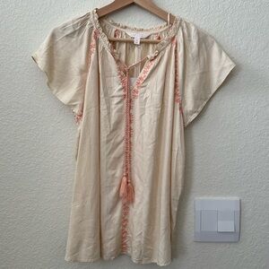 Cream and Pink Embroidered Tunic Top